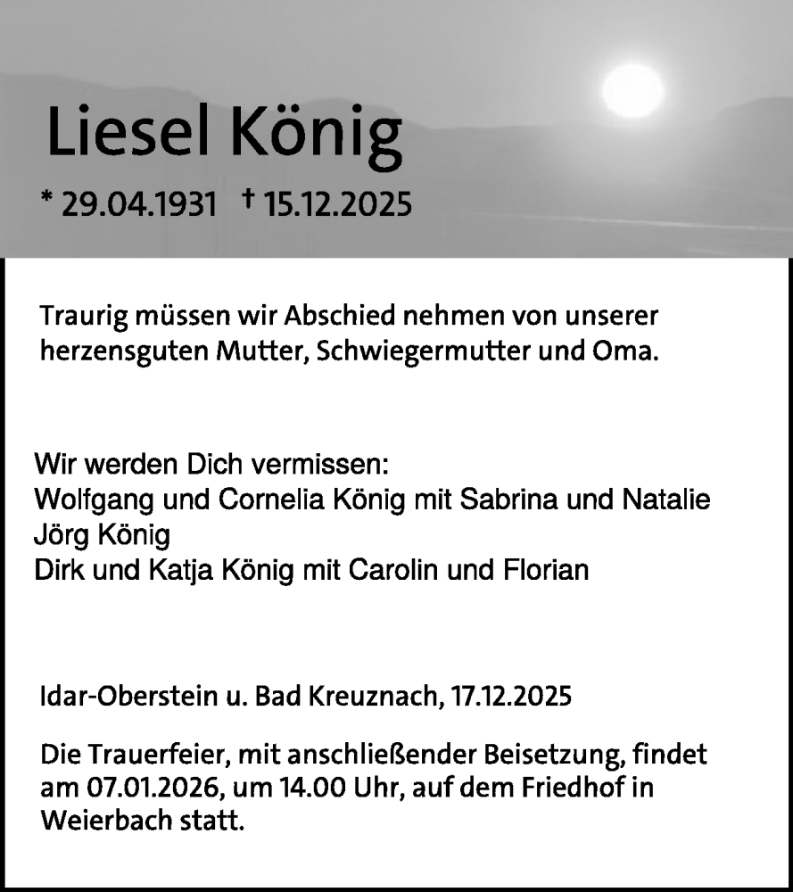  Traueranzeige für Liesel König vom 03.01.2026 aus WochenSpiegel