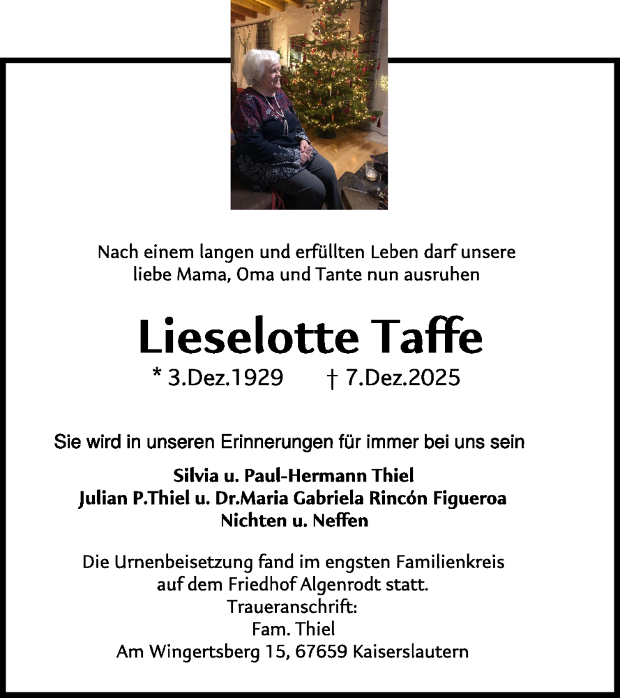  Traueranzeige für Lieselotte Taffe vom 31.01.2026 aus WochenSpiegel