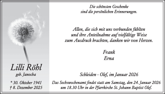 Traueranzeige von Lilli Röhl von WochenSpiegel