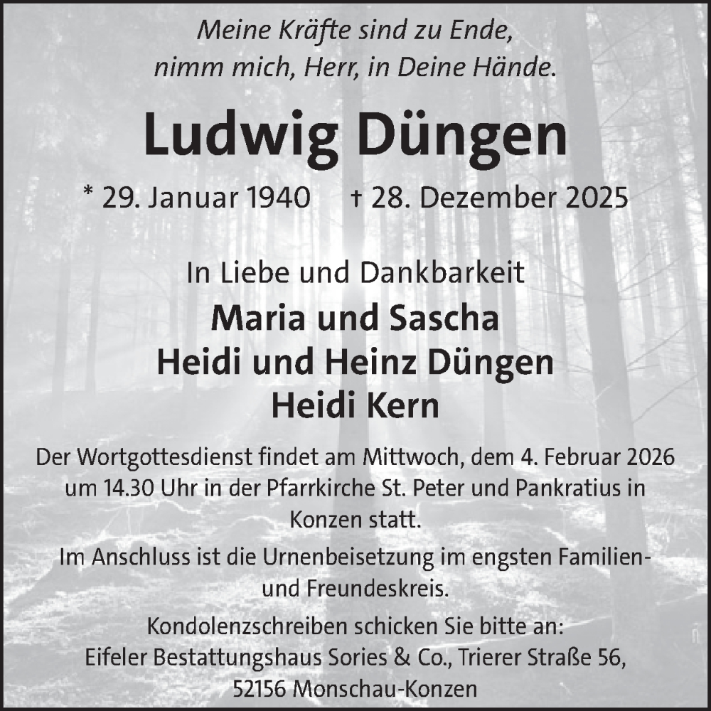  Traueranzeige für Ludwig Düngen vom 07.01.2026 aus WochenSpiegel