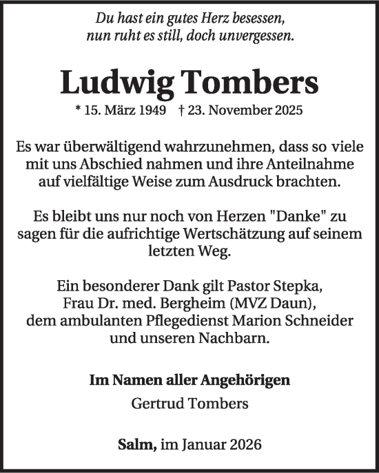 Traueranzeige von Ludwig Tombers von WochenSpiegel
