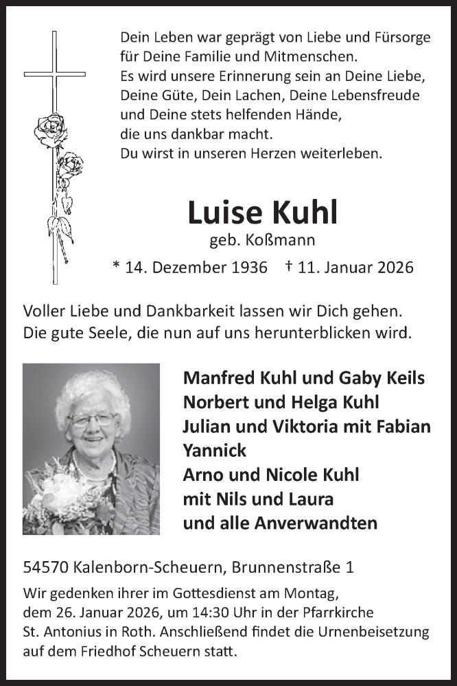  Traueranzeige für Luise Kuhl vom 24.01.2026 aus WochenSpiegel