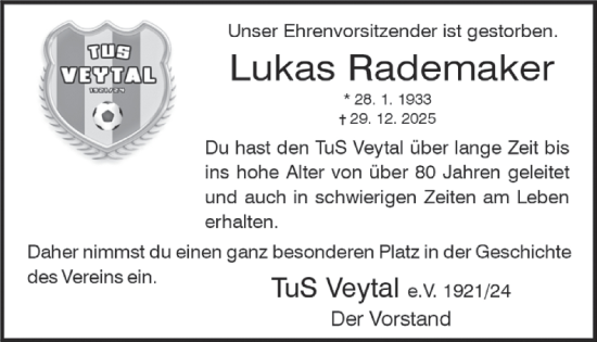 Traueranzeige von Lukas Rademaker von WochenSpiegel