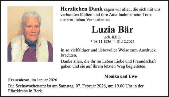 Traueranzeige von Luzia Bär von WochenSpiegel