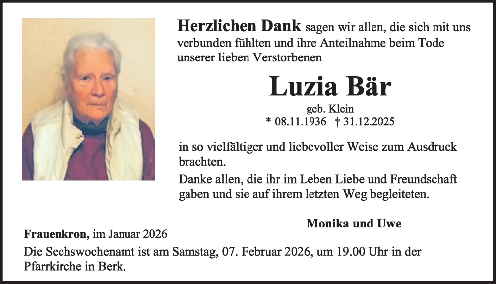  Traueranzeige für Luzia Bär vom 31.01.2026 aus WochenSpiegel