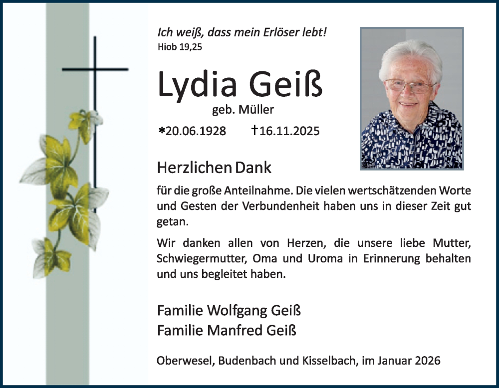  Traueranzeige für Lydia Geiß vom 24.01.2026 aus WochenSpiegel