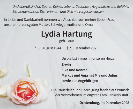 Traueranzeige von Lydia Hartung von WochenSpiegel