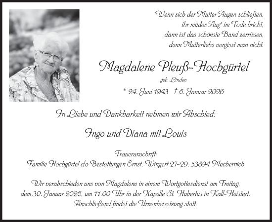Traueranzeige von Magdalene Pleuß-Hochgürtel von WochenSpiegel