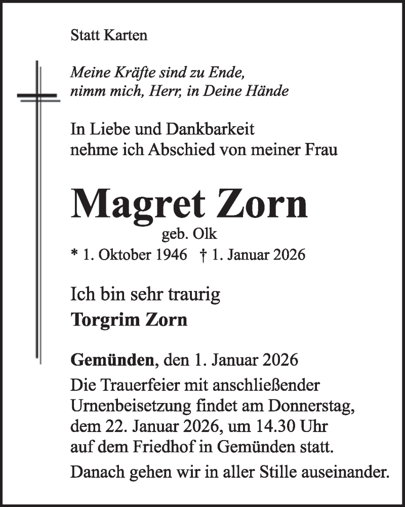  Traueranzeige für Magret Zorn vom 17.01.2026 aus WochenSpiegel