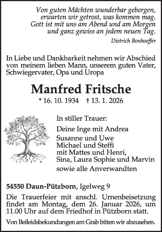Traueranzeige von Manfred Fritsche von WochenSpiegel