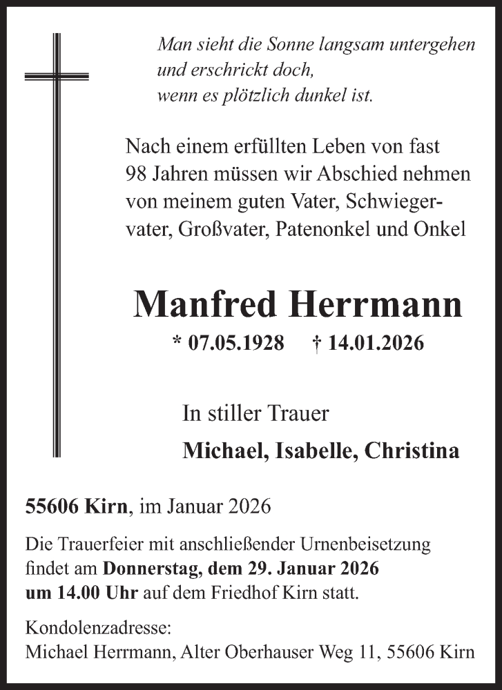  Traueranzeige für Manfred Herrmann vom 24.01.2026 aus WochenSpiegel