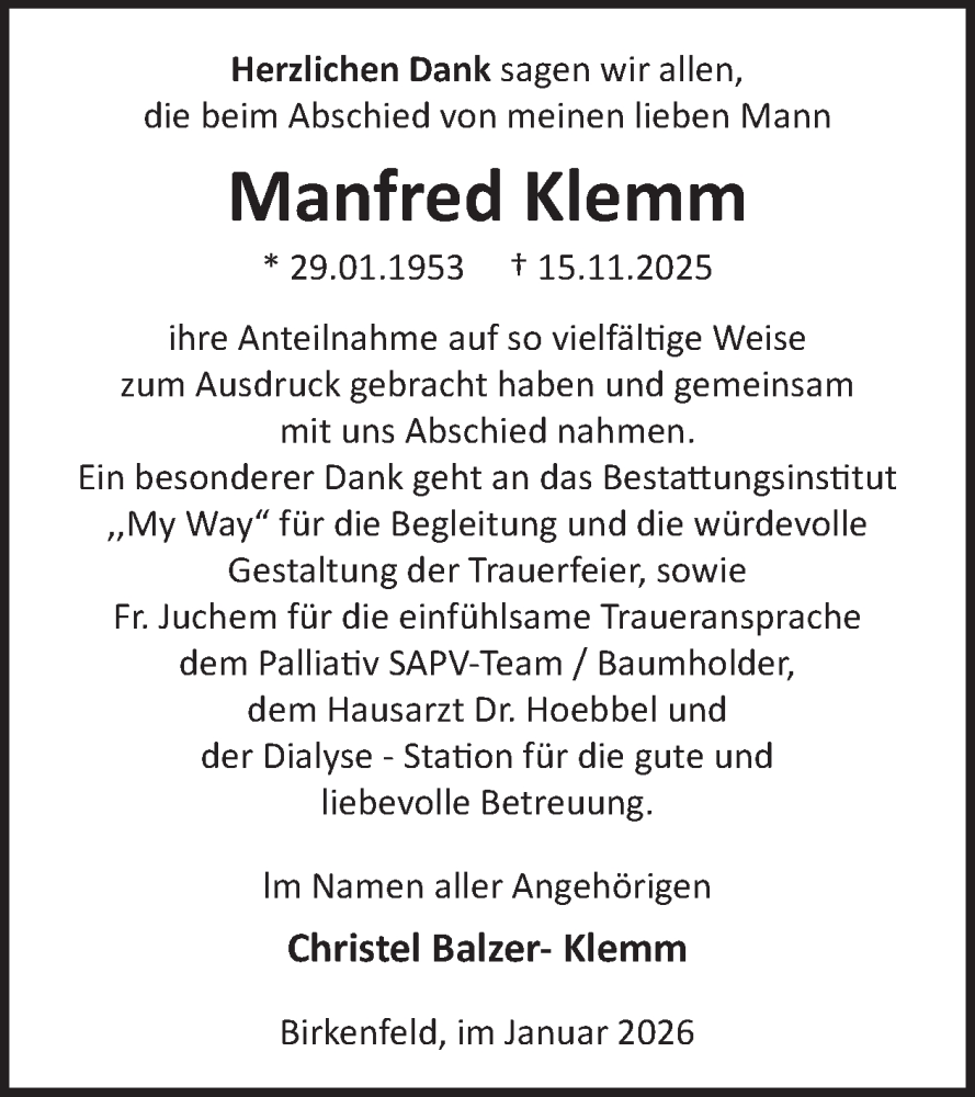  Traueranzeige für Manfred Klemm vom 03.01.2026 aus WochenSpiegel