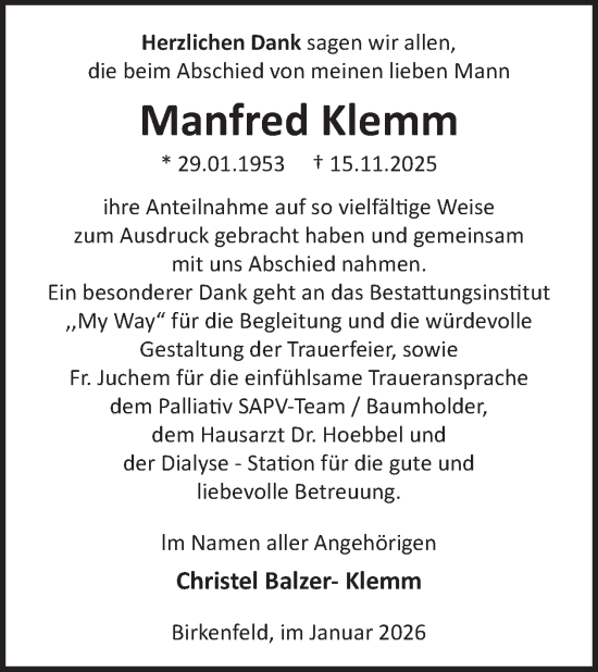Traueranzeige von Manfred Klemm von WochenSpiegel