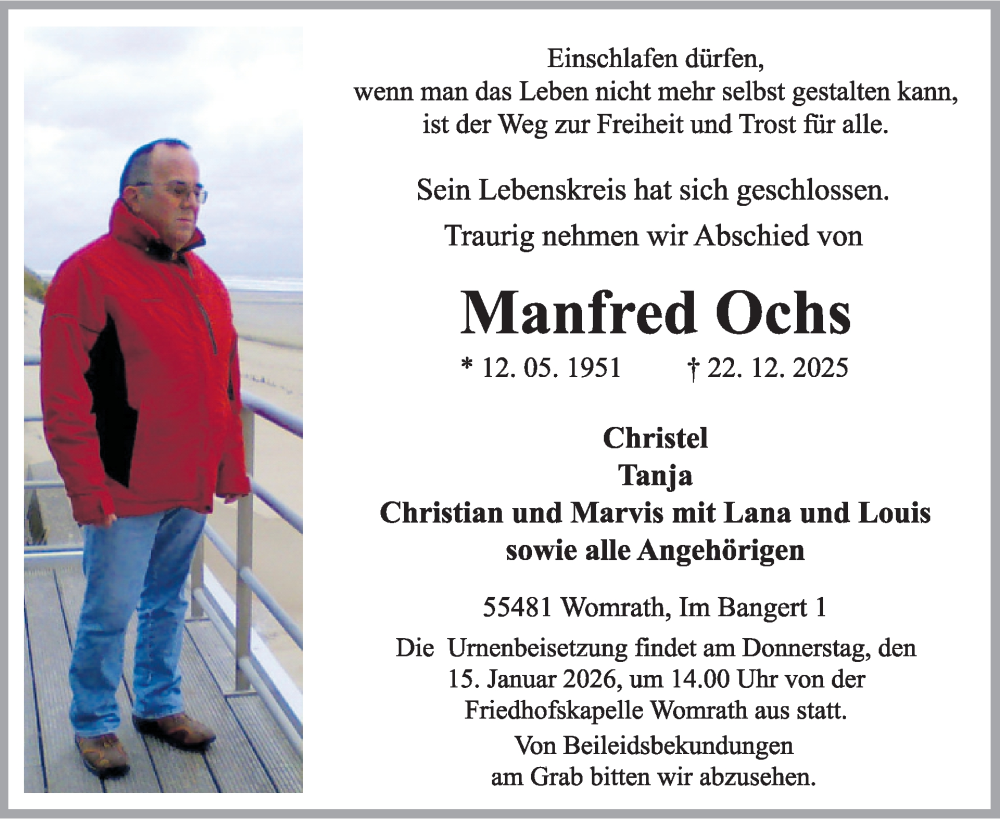  Traueranzeige für Manfred Ochs vom 10.01.2026 aus WochenSpiegel