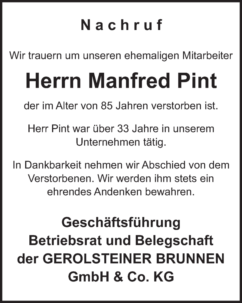  Traueranzeige für Manfred Pint vom 17.01.2026 aus WochenSpiegel