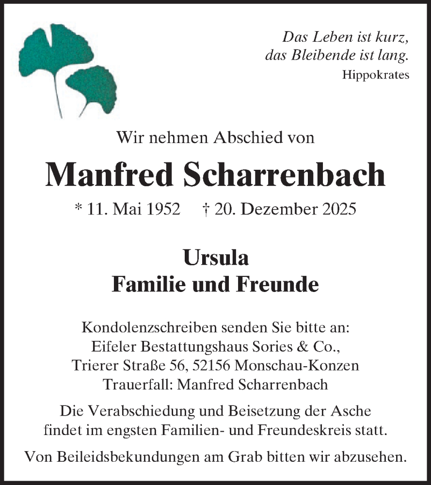 Traueranzeige für Manfred Scharrenbach vom 07.01.2026 aus WochenSpiegel