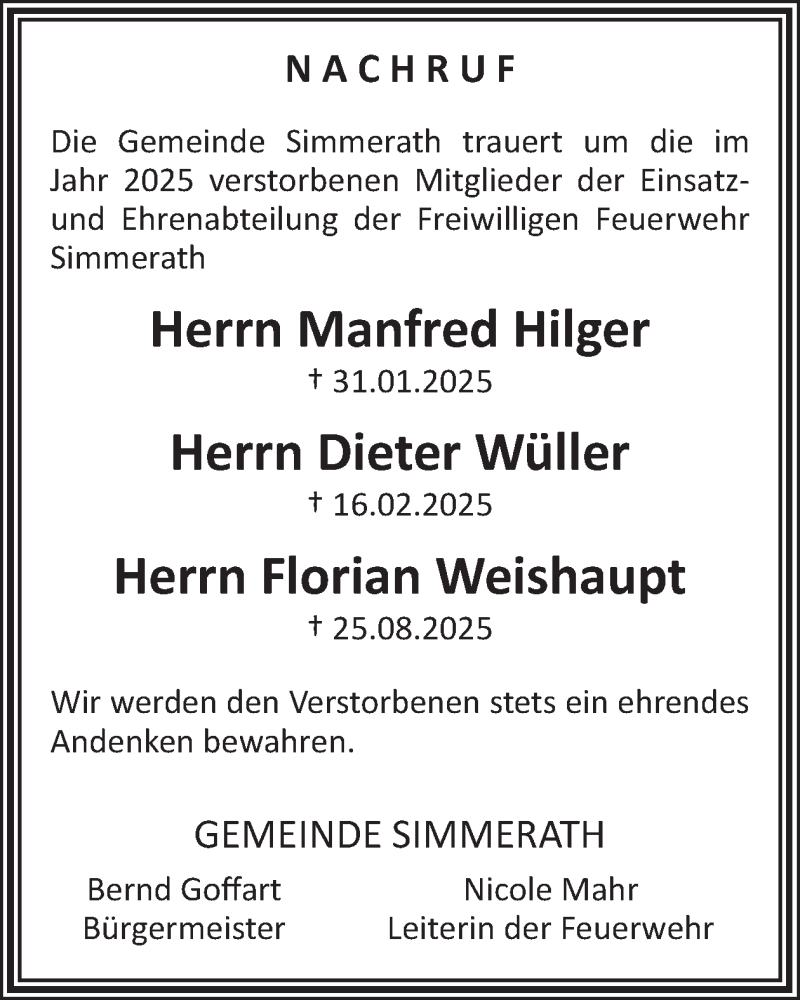  Traueranzeige für Manfred Hilger, Dieter Wüller, Florian Weishaupt  vom 07.01.2026 aus WochenSpiegel