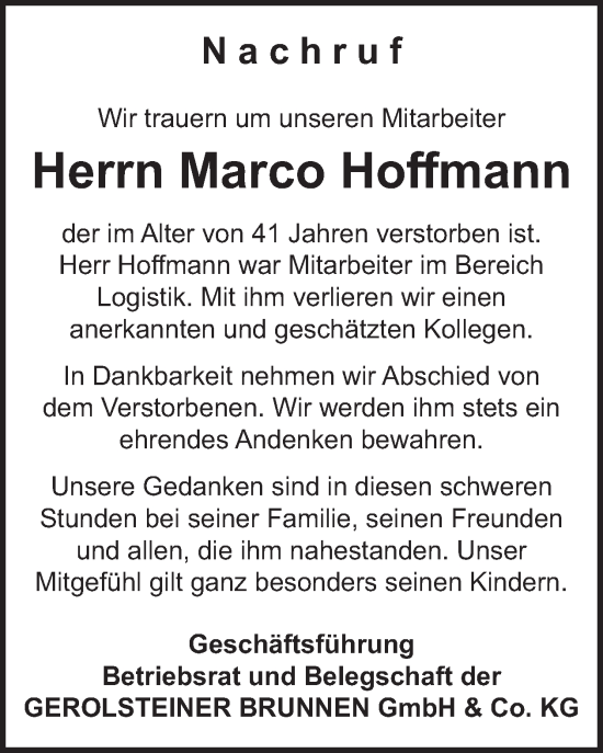 Traueranzeige von Marco Hoffmann von WochenSpiegel