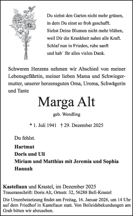 Traueranzeige von Marga Alt von WochenSpiegel