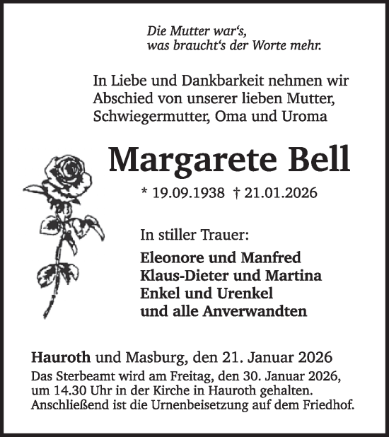 Traueranzeige von Margarete Bell von WochenSpiegel