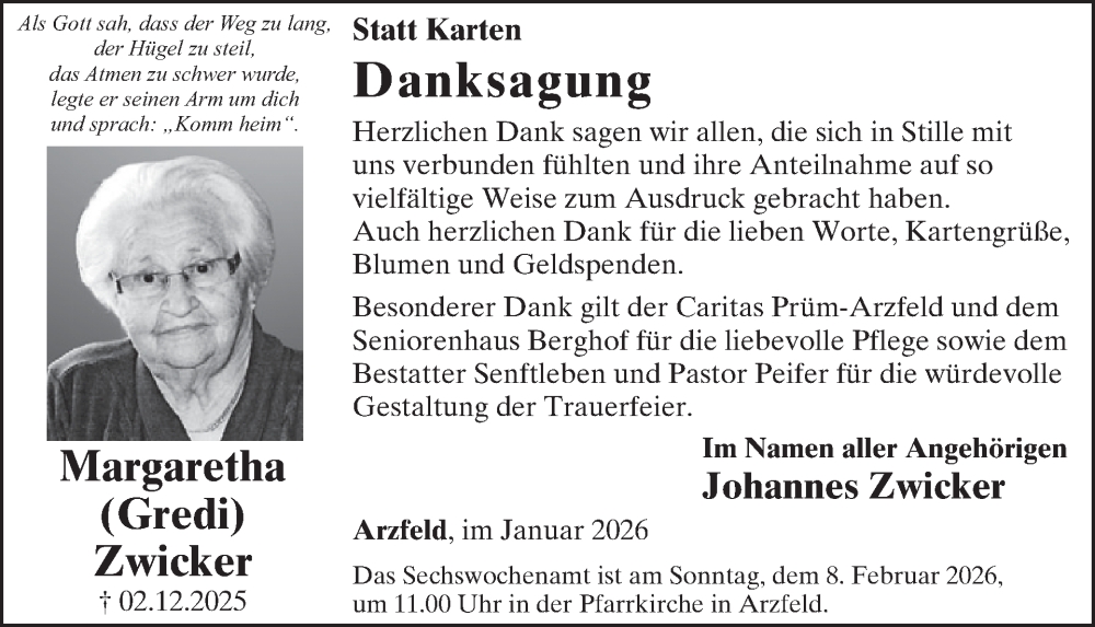  Traueranzeige für Margaretha Zwicker vom 30.01.2026 aus WochenSpiegel