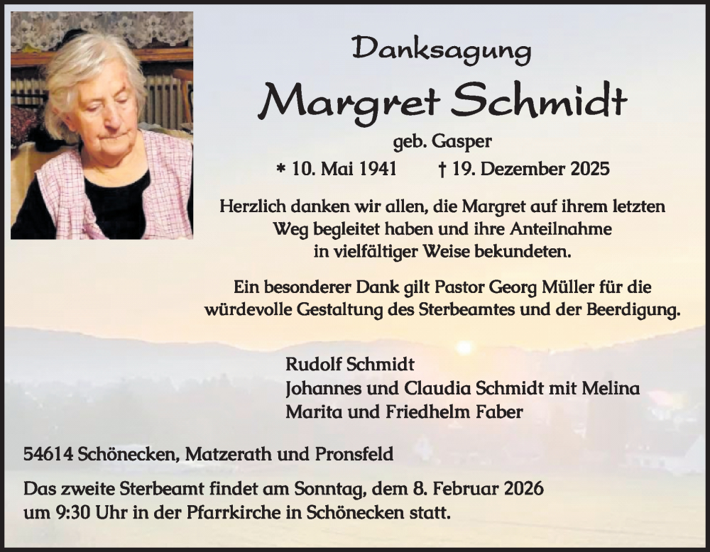  Traueranzeige für Margret Schmidt vom 30.01.2026 aus WochenSpiegel