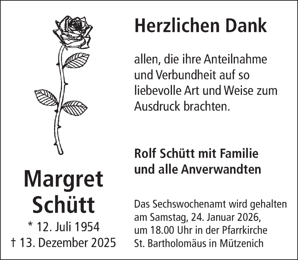  Traueranzeige für Margret Schütt vom 21.01.2026 aus WochenSpiegel
