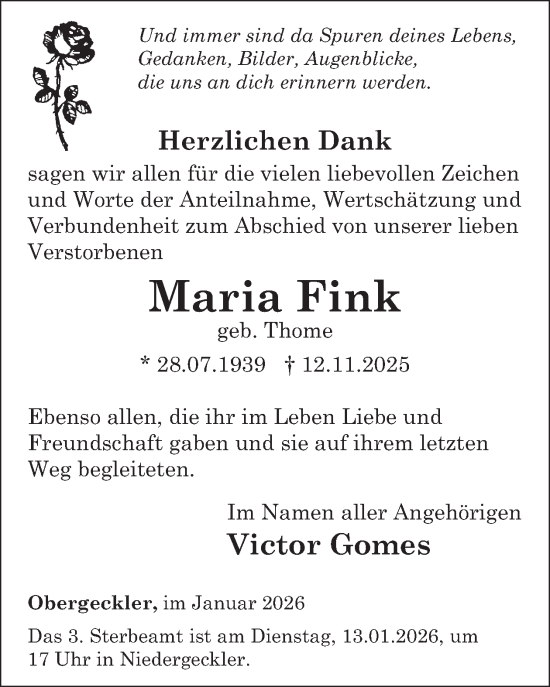 Traueranzeige von Maria Fink von WochenSpiegel