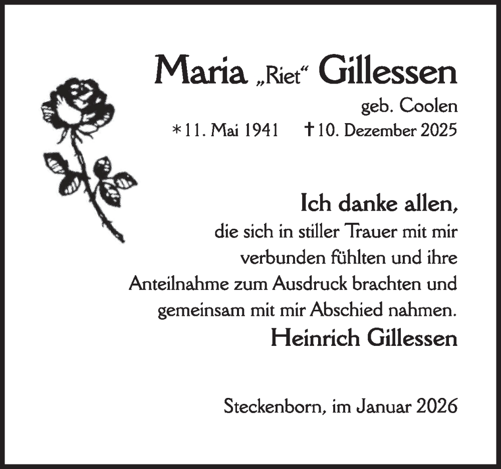  Traueranzeige für Maria Gillessen vom 28.01.2026 aus WochenSpiegel