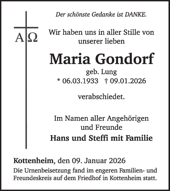 Traueranzeige von Maria Gondorf von WochenSpiegel