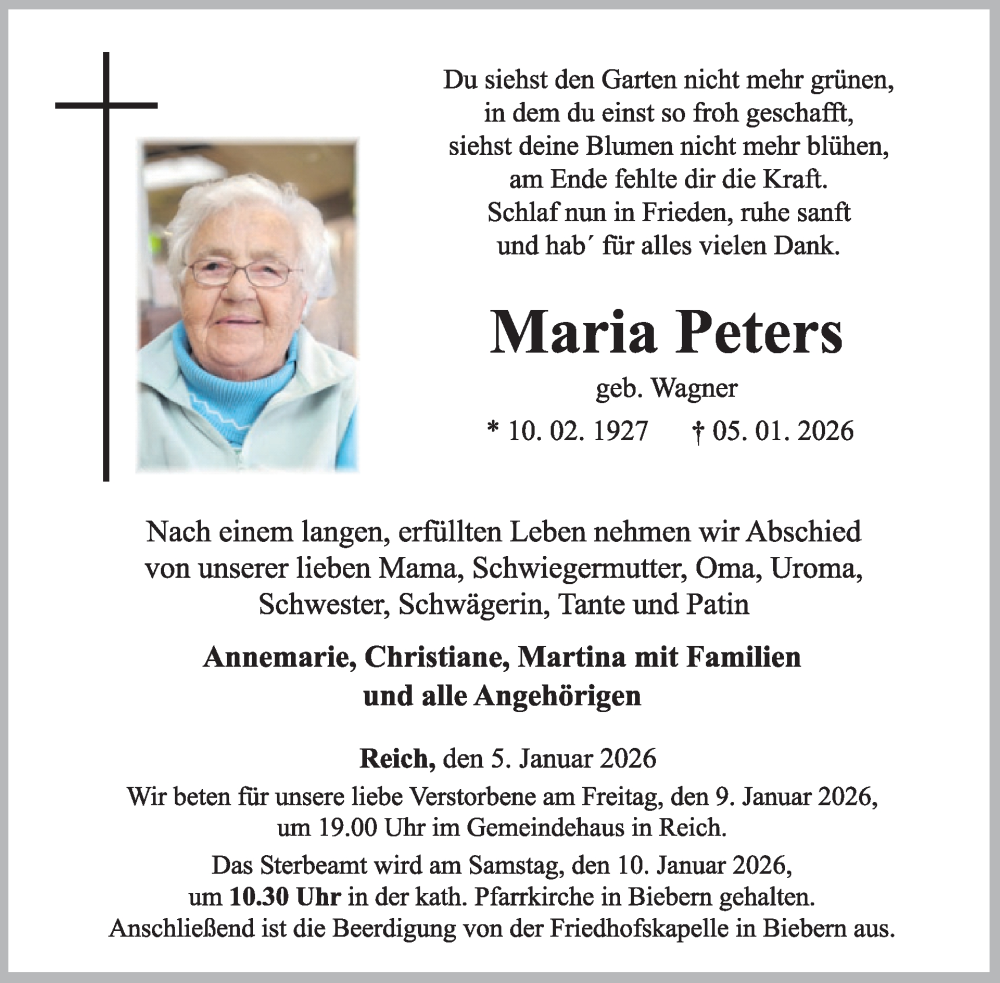  Traueranzeige für Maria Peters vom 10.01.2026 aus WochenSpiegel
