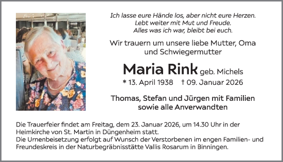 Traueranzeige von Maria Rink von WochenSpiegel