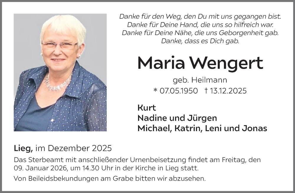  Traueranzeige für Maria Wengert vom 03.01.2026 aus WochenSpiegel