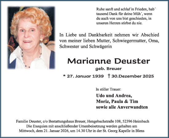Traueranzeige von Marianne Deuster von WochenSpiegel