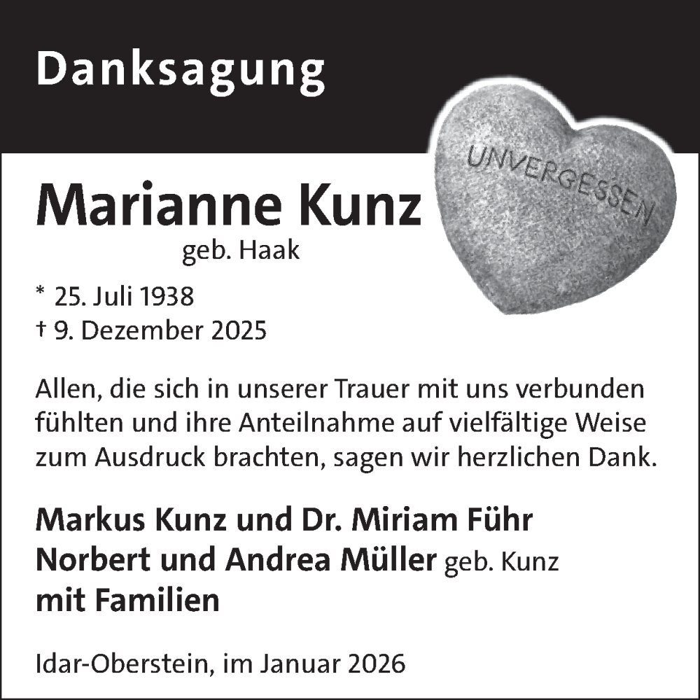  Traueranzeige für Marianne Kunz vom 24.01.2026 aus WochenSpiegel