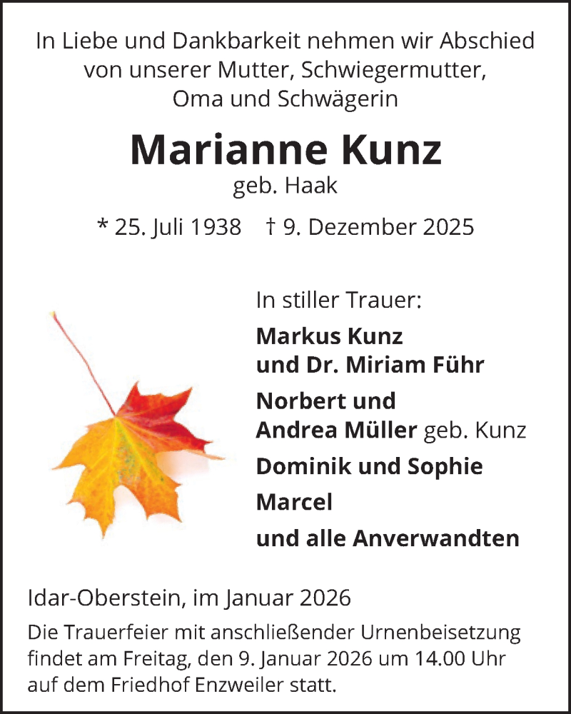  Traueranzeige für Marianne Kunz vom 03.01.2026 aus WochenSpiegel