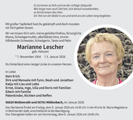 Traueranzeige von Marianne Lescher von WochenSpiegel
