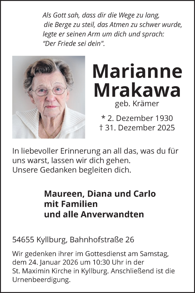  Traueranzeige für Marianne Mrakawa vom 16.01.2026 aus WochenSpiegel