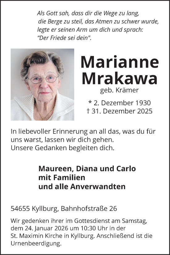 Traueranzeige von Marianne Mrakawa von WochenSpiegel