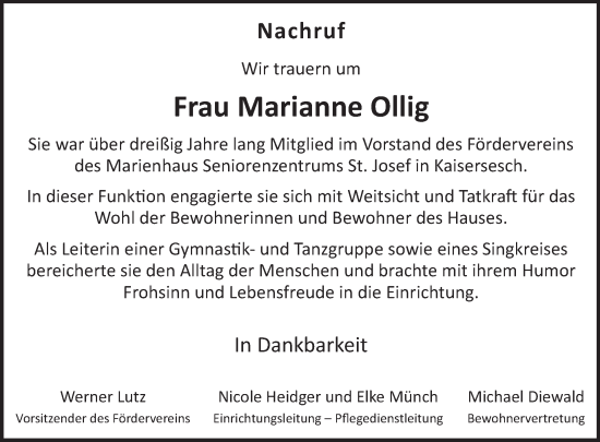 Traueranzeige von Marianne Ollig von WochenSpiegel