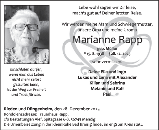 Traueranzeige von Marianne Rapp von WochenSpiegel