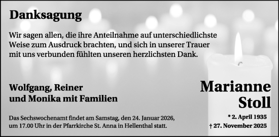 Traueranzeige von Marianne Stoll von WochenSpiegel