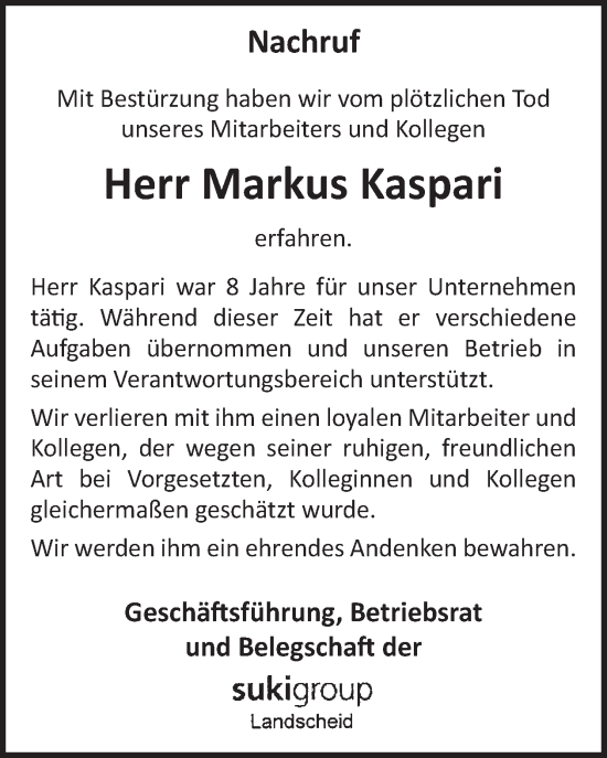 Traueranzeige von Markus Kaspari von WochenSpiegel