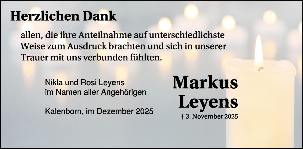  Traueranzeige für Markus Leyens vom 03.01.2026 aus WochenSpiegel