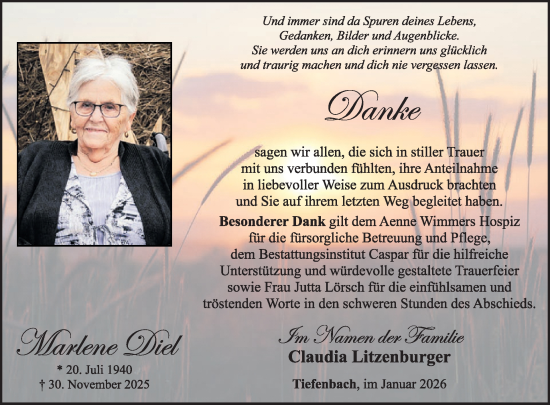 Traueranzeige von Marlene Diel von WochenSpiegel