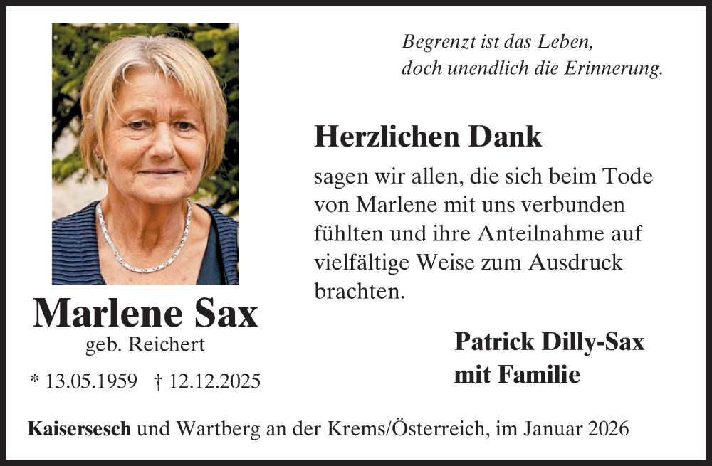  Traueranzeige für Marlene Sax vom 28.01.2026 aus WochenSpiegel