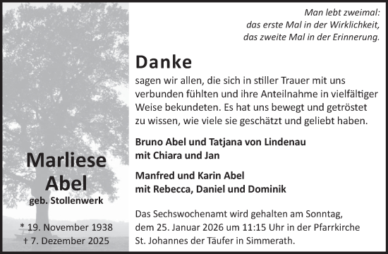 Traueranzeige von Marliese Abel von WochenSpiegel