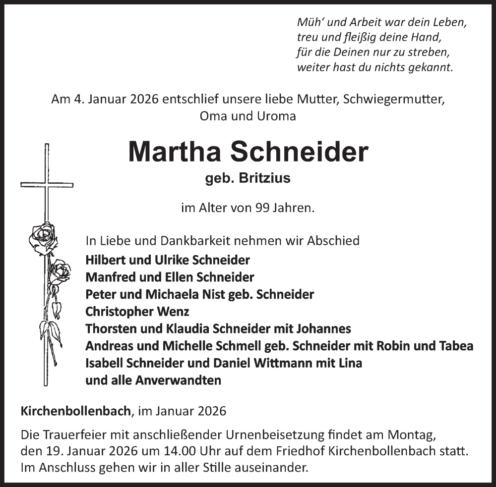  Traueranzeige für Martha Schneider vom 17.01.2026 aus WochenSpiegel