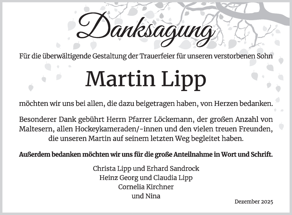  Traueranzeige für Martin Lipp vom 03.01.2026 aus WochenSpiegel