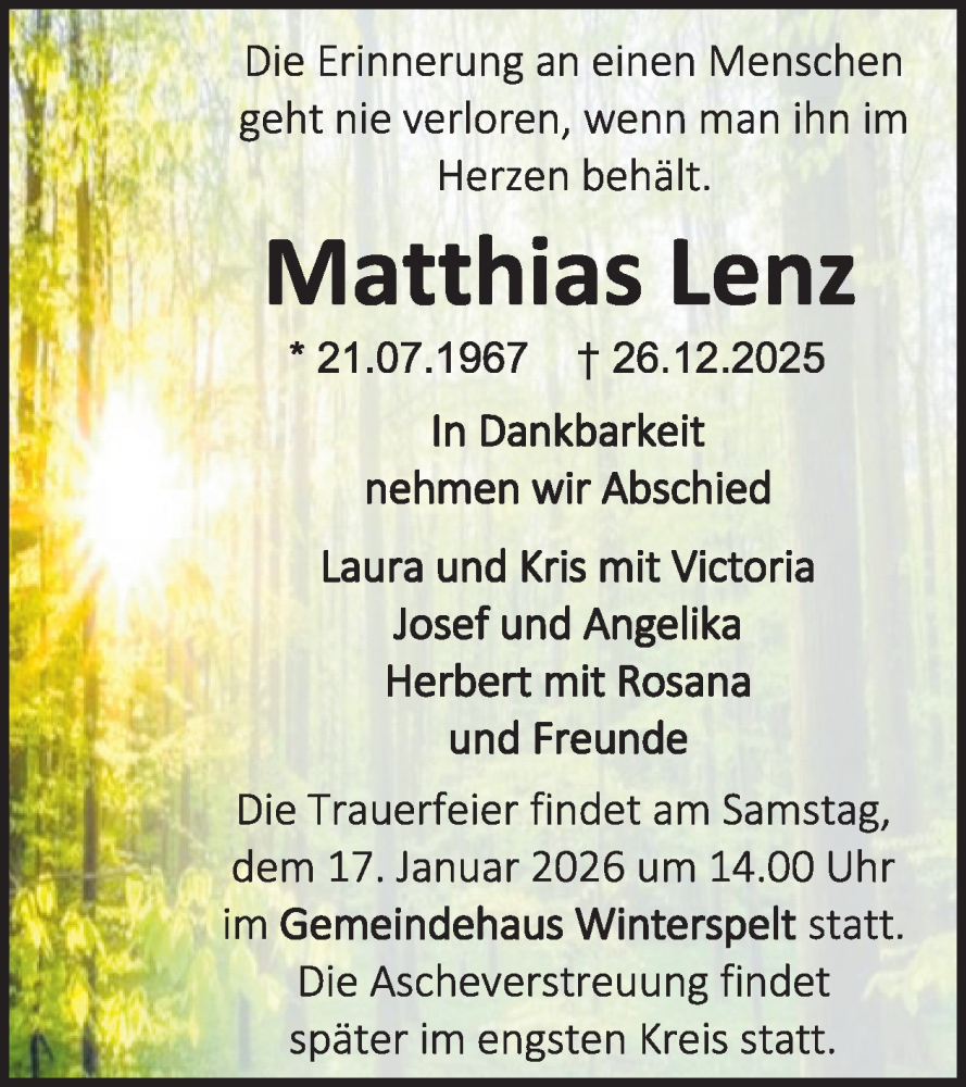  Traueranzeige für Matthias Lenz vom 09.01.2026 aus WochenSpiegel